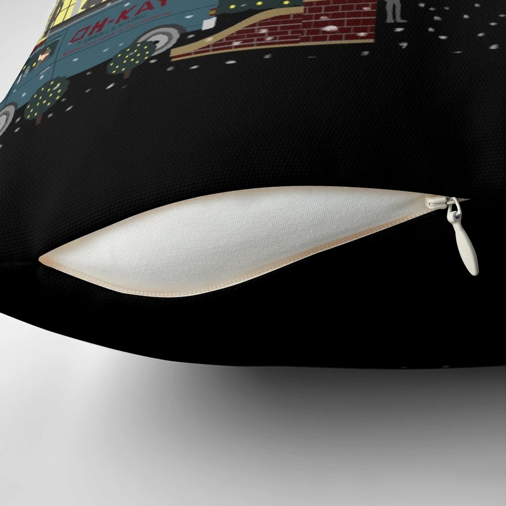 Pillow featuring the iconic home from the movie Home Alone with shadows dancing in the snowy window