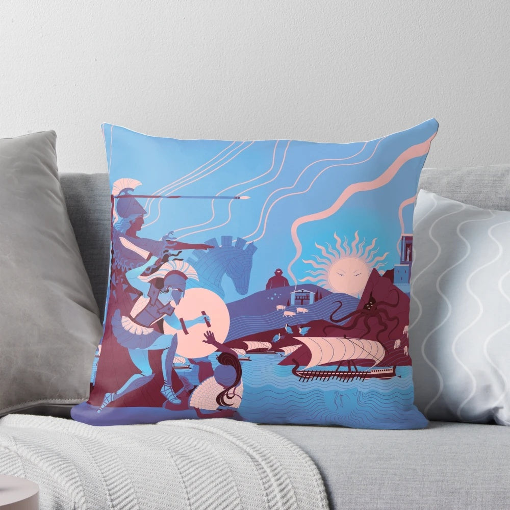 Soft, plush winter pillow featuring a serene homeric landscape design inspired by Greek mythology