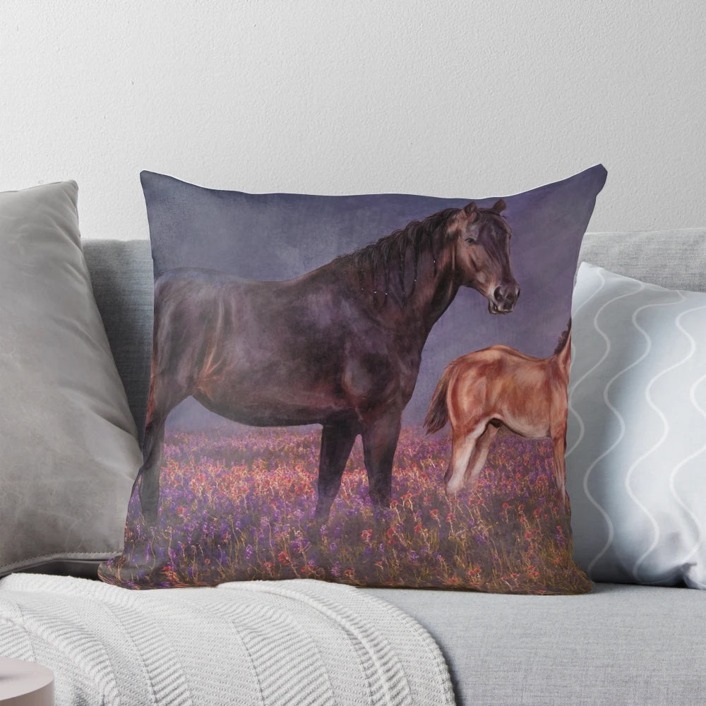 A soft, plush pillow featuring a horse and foal design, perfect for adding a touch of nature to any nursery or home.