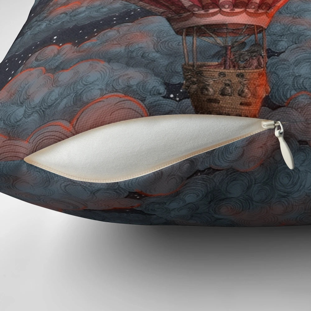 Soft, plush pillow featuring a whimsical hot air balloon design in shades of red, blue, and gold.