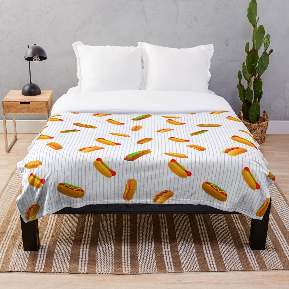 Plush blanket with a fun hot dog pattern design