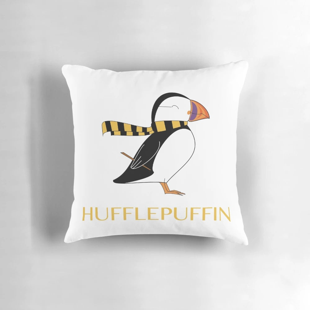 Hufflepuff themed puffin shaped throw pillow in yellow and black colors