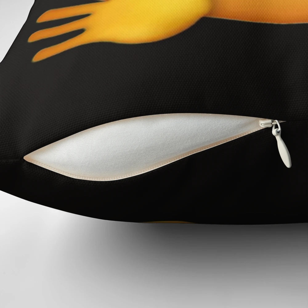A soft, yellow pillow in the shape of a hugging emoji face, perfect for snuggling and expressing love.