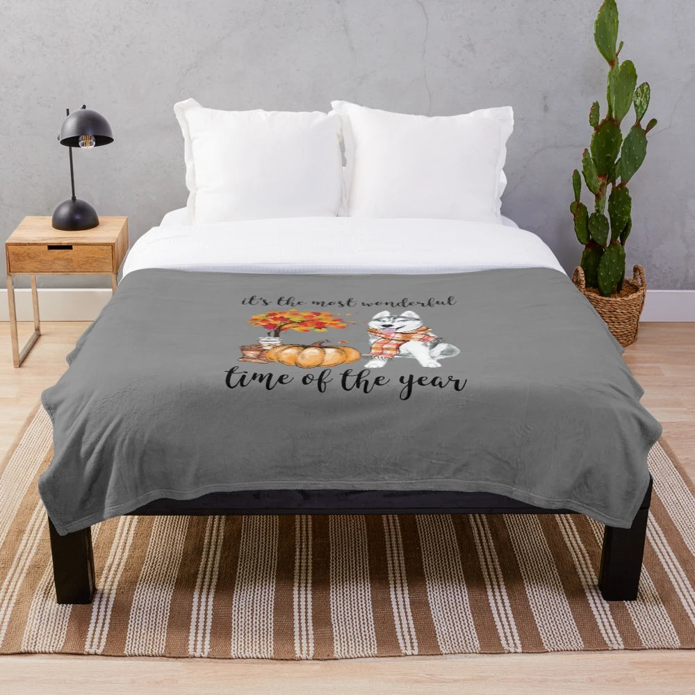 Husky and autumn themed plush blanket for dog lovers