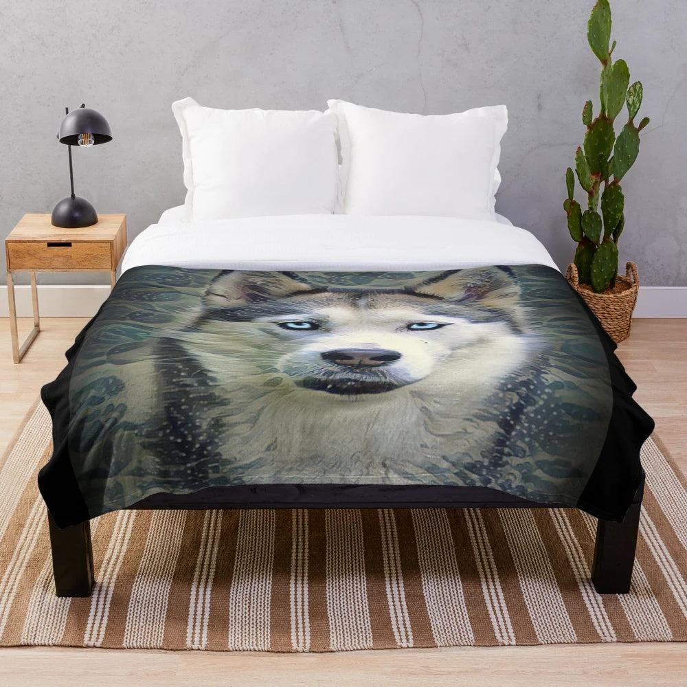 Soft and cuddly plush blanket featuring a portrait of a blue-eyed siberian husky