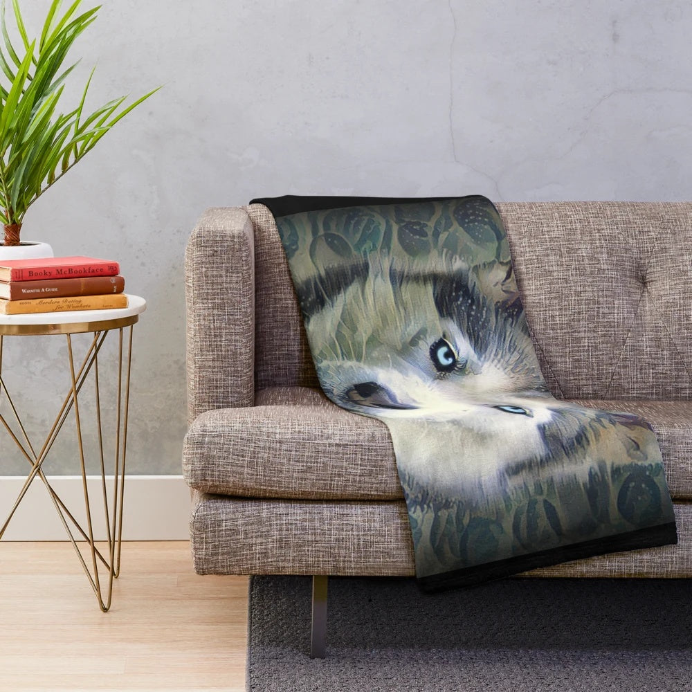 Soft and cuddly plush blanket featuring a portrait of a blue-eyed siberian husky
