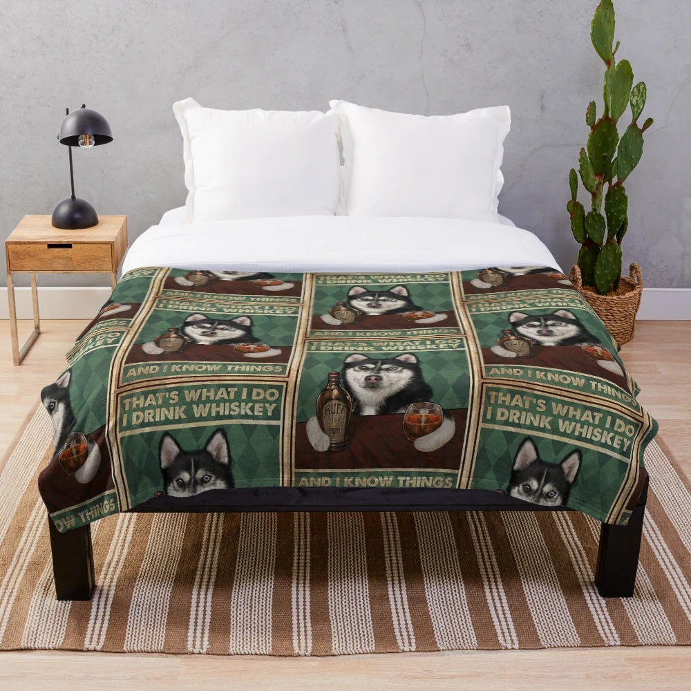 Husky dog plush blanket with funny drinking quotes