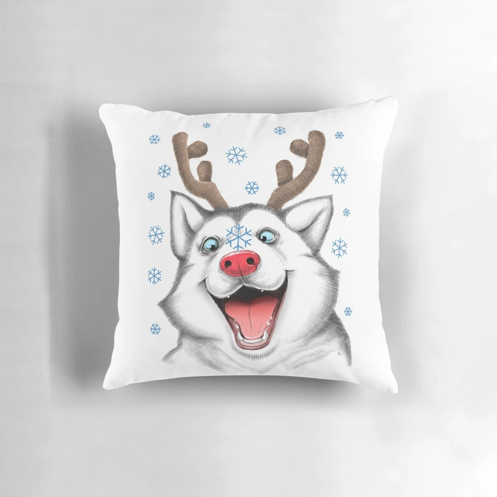 Festive Husky Rudolph Pillow with Snow and Snowflakes