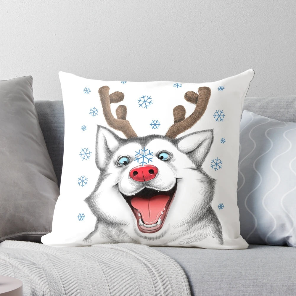 Festive Husky Rudolph Pillow with Snow and Snowflakes