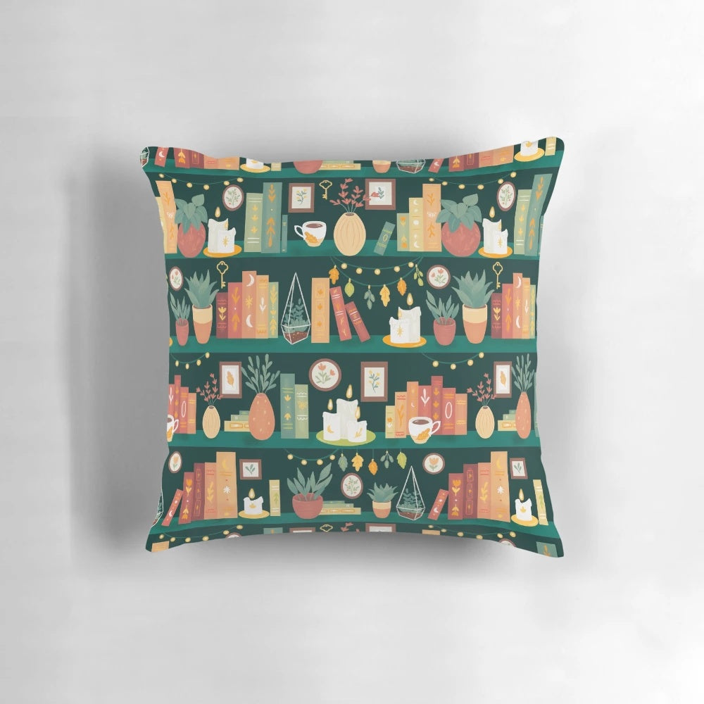 Hygge library pillow with holiday leaf and book decor