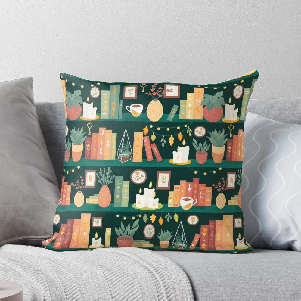 Hygge library pillow with holiday leaf and book decor