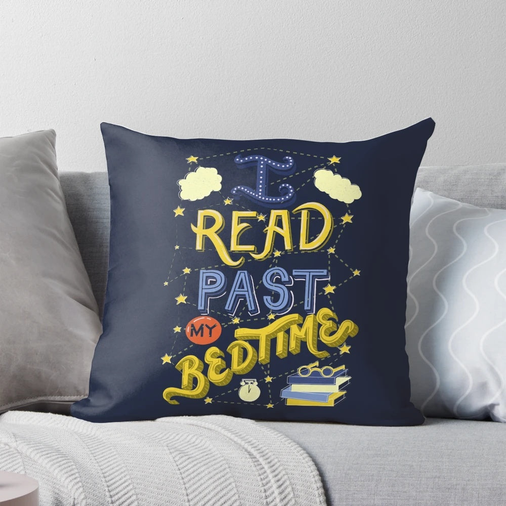 A plush, owl-themed decorative pillow with the text "I Read Past My Bedtime" in a whimsical typographic design.