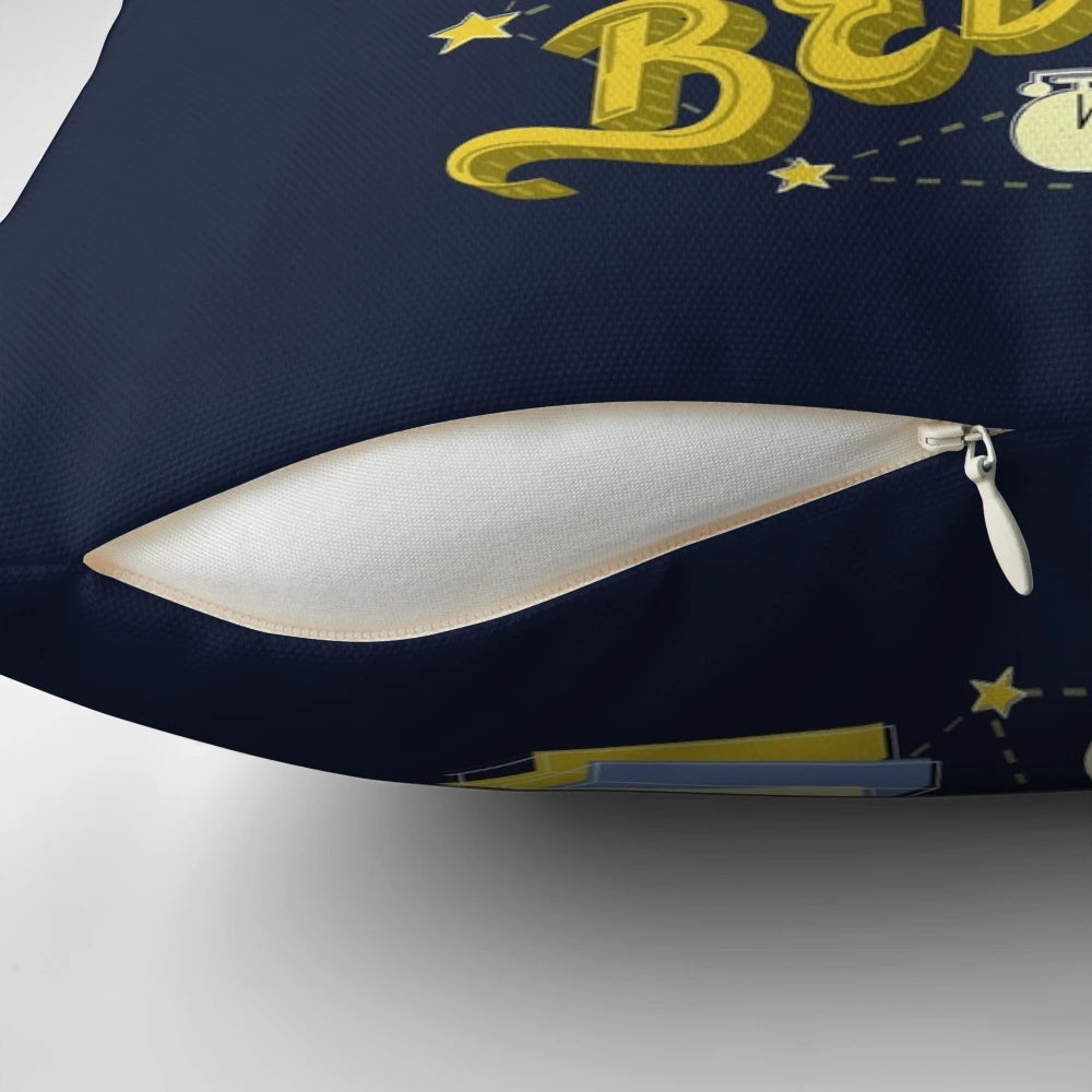 A plush, owl-themed decorative pillow with the text "I Read Past My Bedtime" in a whimsical typographic design.