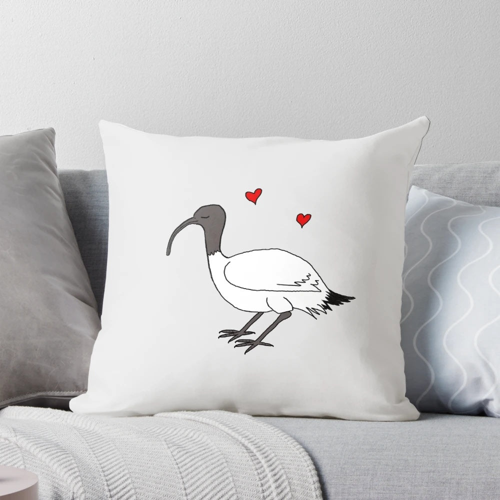 An Ibis-themed pillow featuring the iconic Australian bird, the bin chicken.