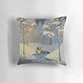 Cute cat in winter snow playing ice skating on a plush, soft decorative pillow