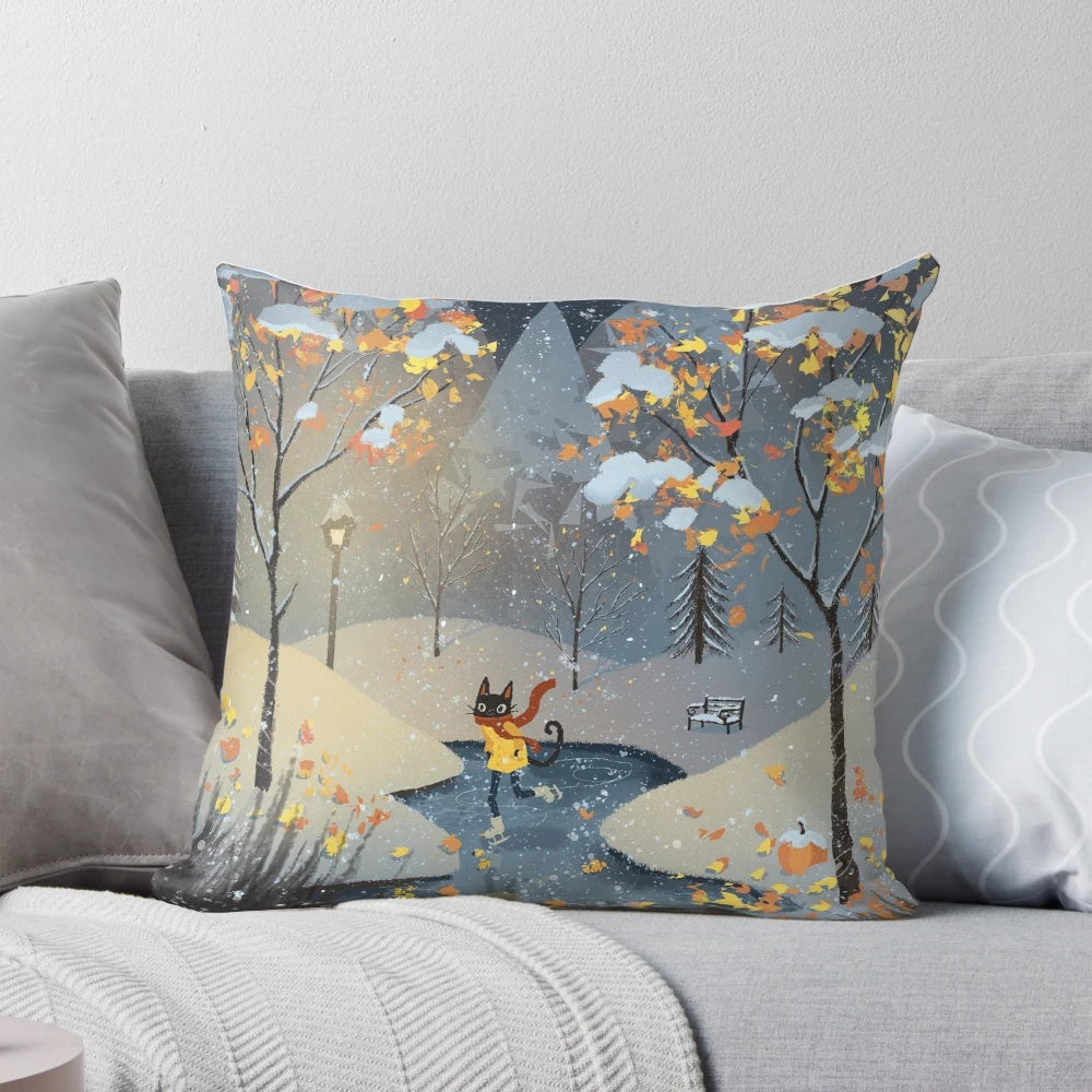 Cute cat in winter snow playing ice skating on a plush, soft decorative pillow