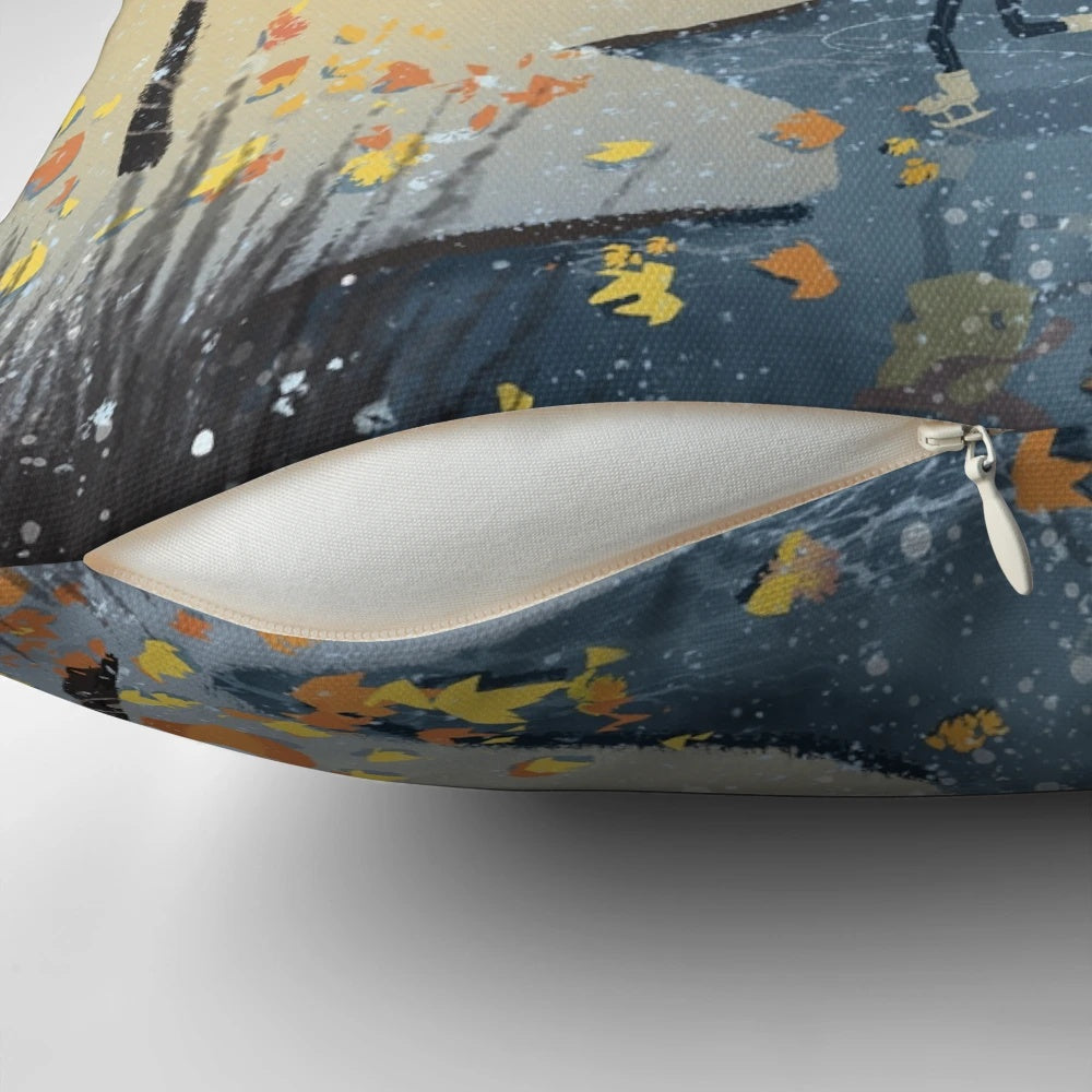 Cute cat in winter snow playing ice skating on a plush, soft decorative pillow