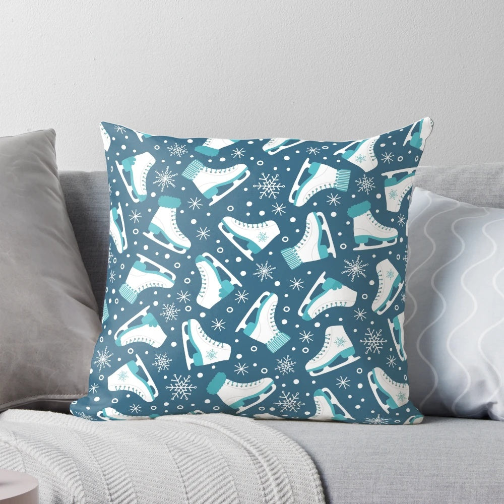 Soft, plush pillow featuring ice skates and snowflakes, ideal for winter sports enthusiasts.