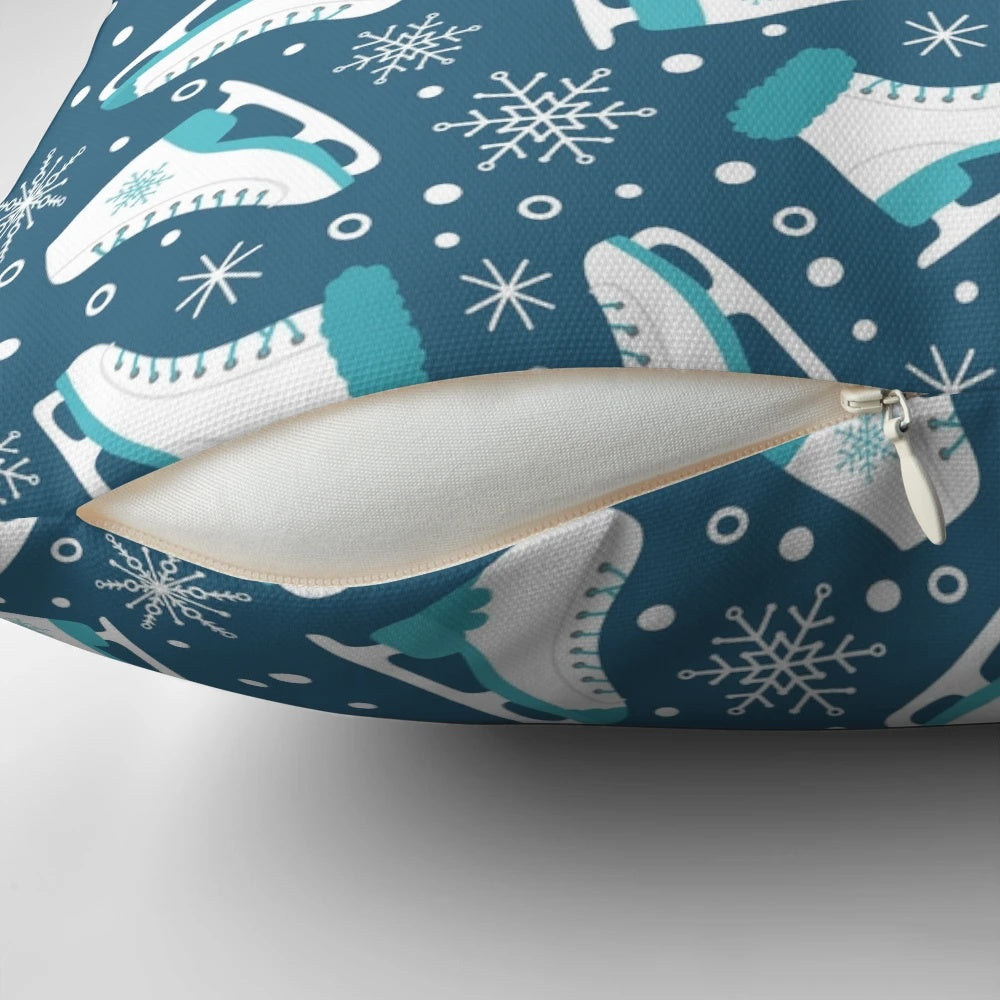 Soft, plush pillow featuring ice skates and snowflakes, ideal for winter sports enthusiasts.