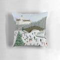 Vintage-inspired decorative pillow featuring an ice skating scene on a snowy pond or lake with a snowman and snowflakes.