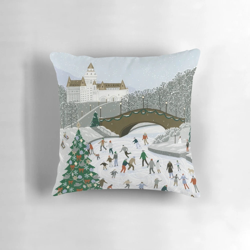 Vintage-inspired decorative pillow featuring an ice skating scene on a snowy pond or lake with a snowman and snowflakes.