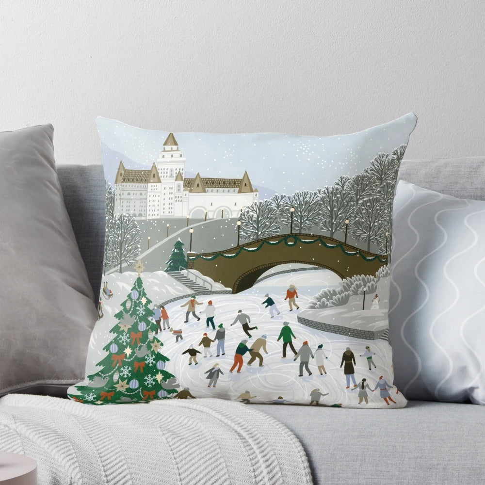Vintage-inspired decorative pillow featuring an ice skating scene on a snowy pond or lake with a snowman and snowflakes.