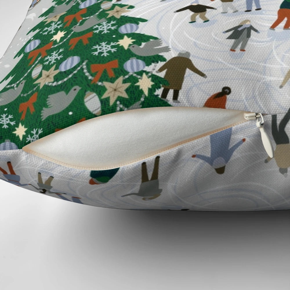 Vintage-inspired decorative pillow featuring an ice skating scene on a snowy pond or lake with a snowman and snowflakes.