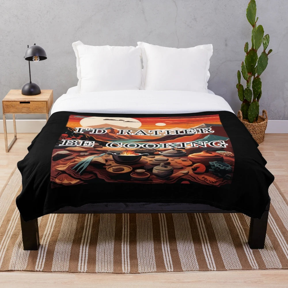 I'd Rather Be Cooking" plush blanket featuring Andes mountain and river design