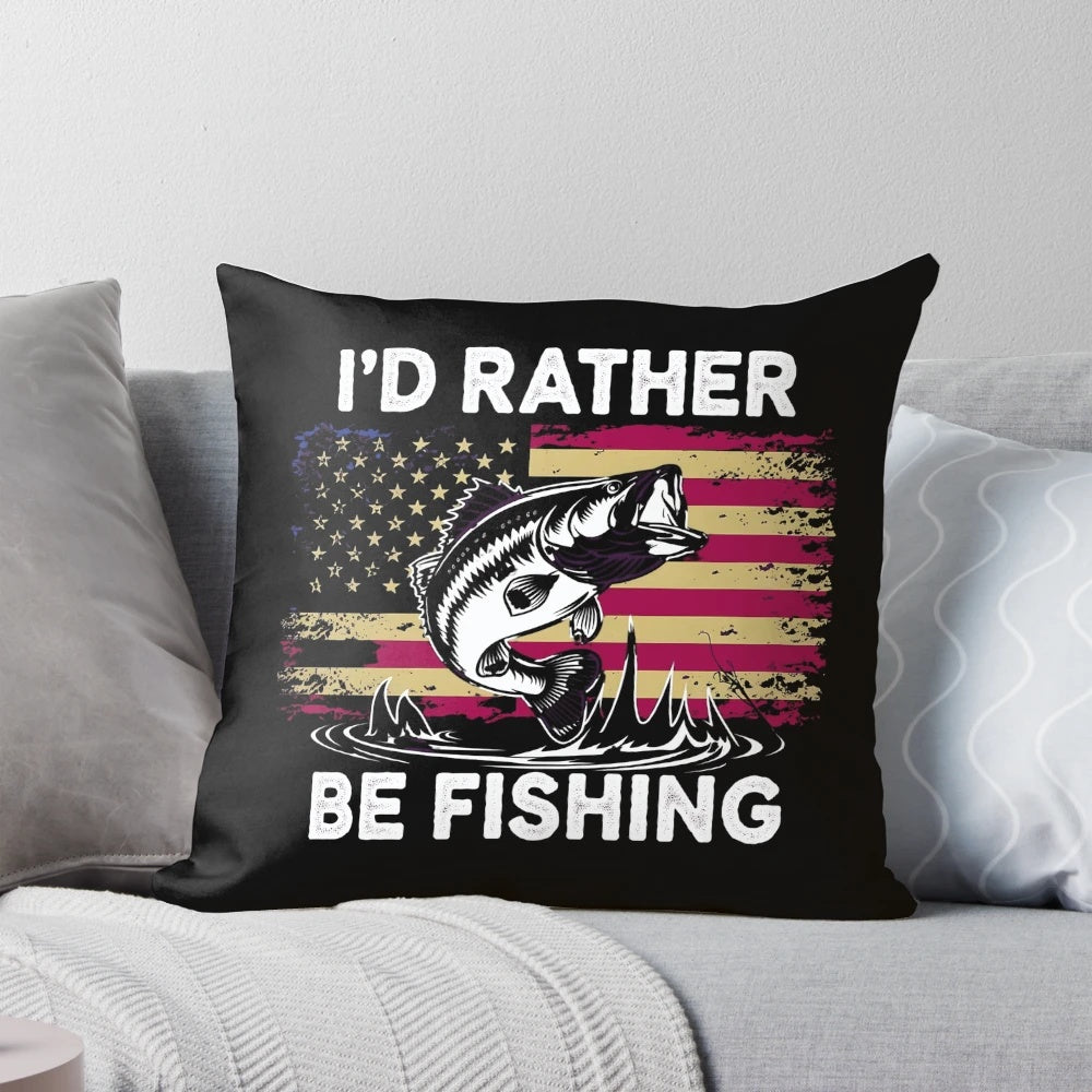 Cozy "I'd Rather Be Fishing" decorative throw pillow with a fishing theme
