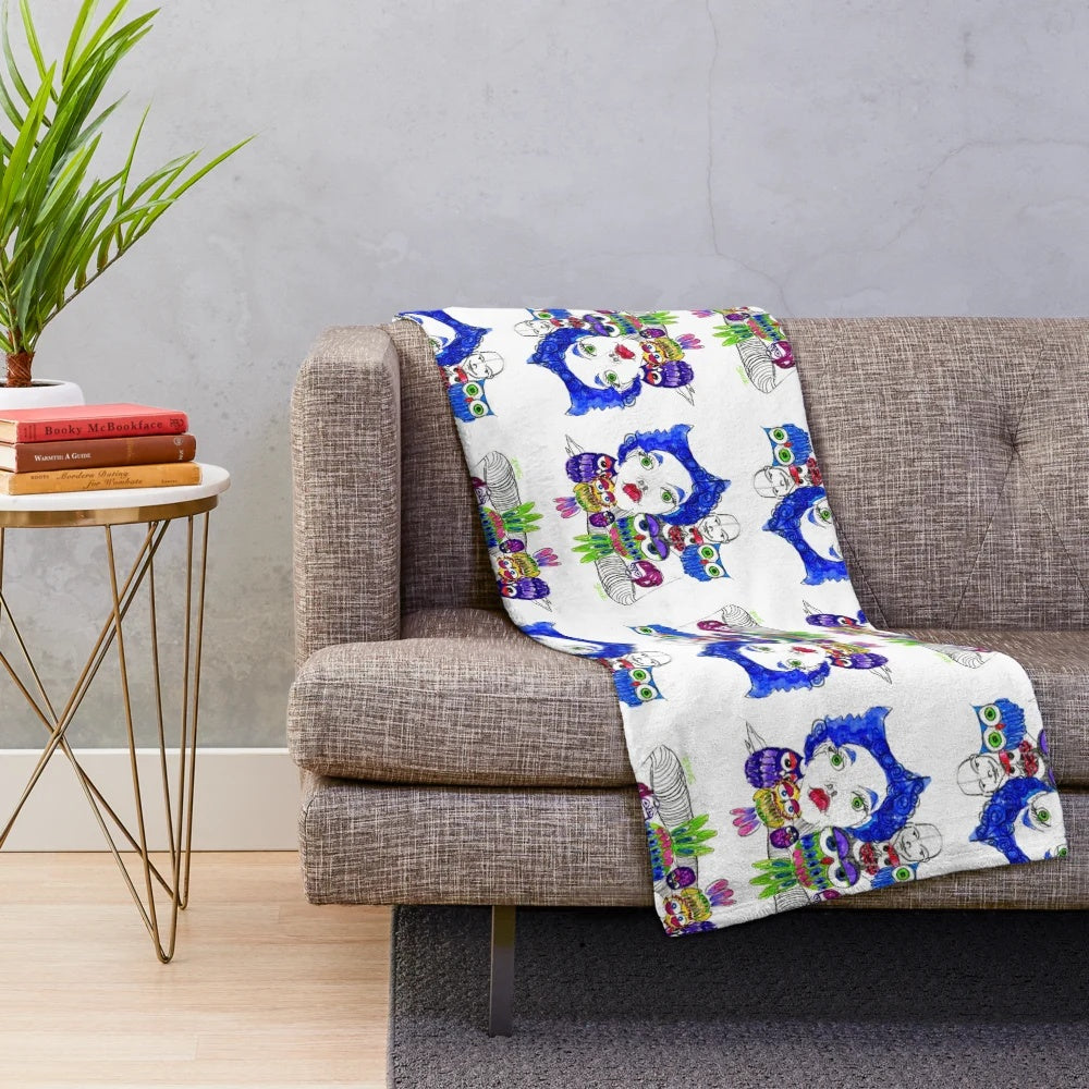 Cozy plush blanket featuring a delightful illustration of owls and a face design
