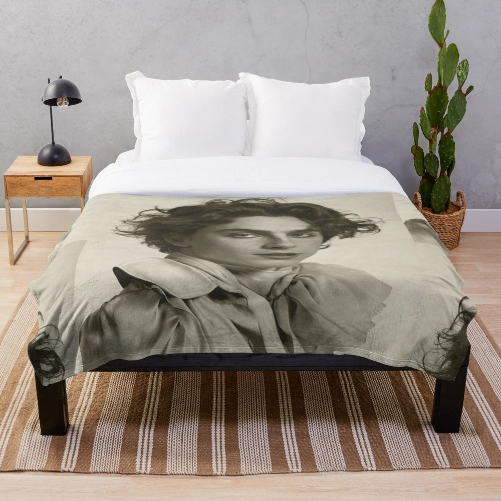 Timothée Chalamet inspired plush blanket with 90s retro and indie aesthetic design