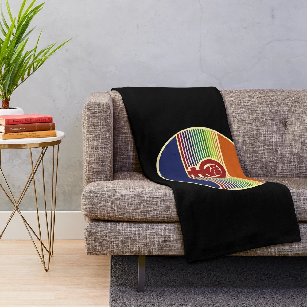 Colorful intersectional feminist plush blanket with rainbow design