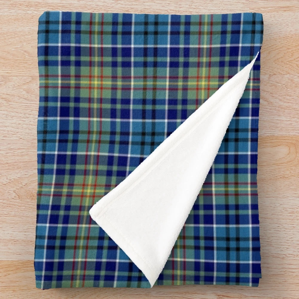 Bright blue tartan plush blanket with irish sullivan clan plaid design
