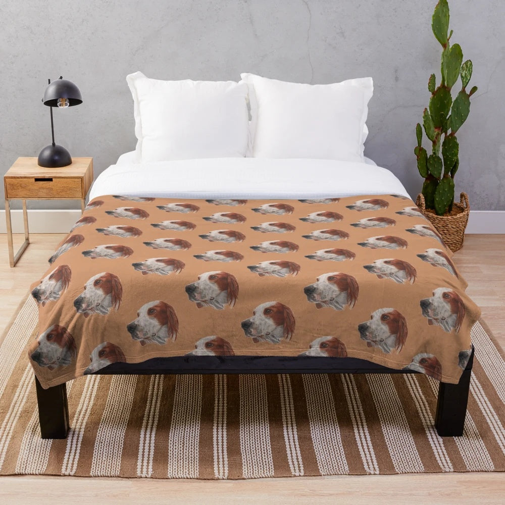 Colorful illustration of a friendly Irish red and white setter dog on a plush blanket