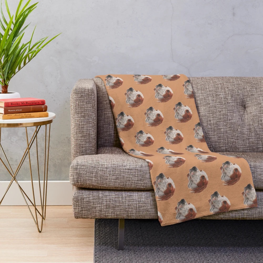 Colorful illustration of a friendly Irish red and white setter dog on a plush blanket