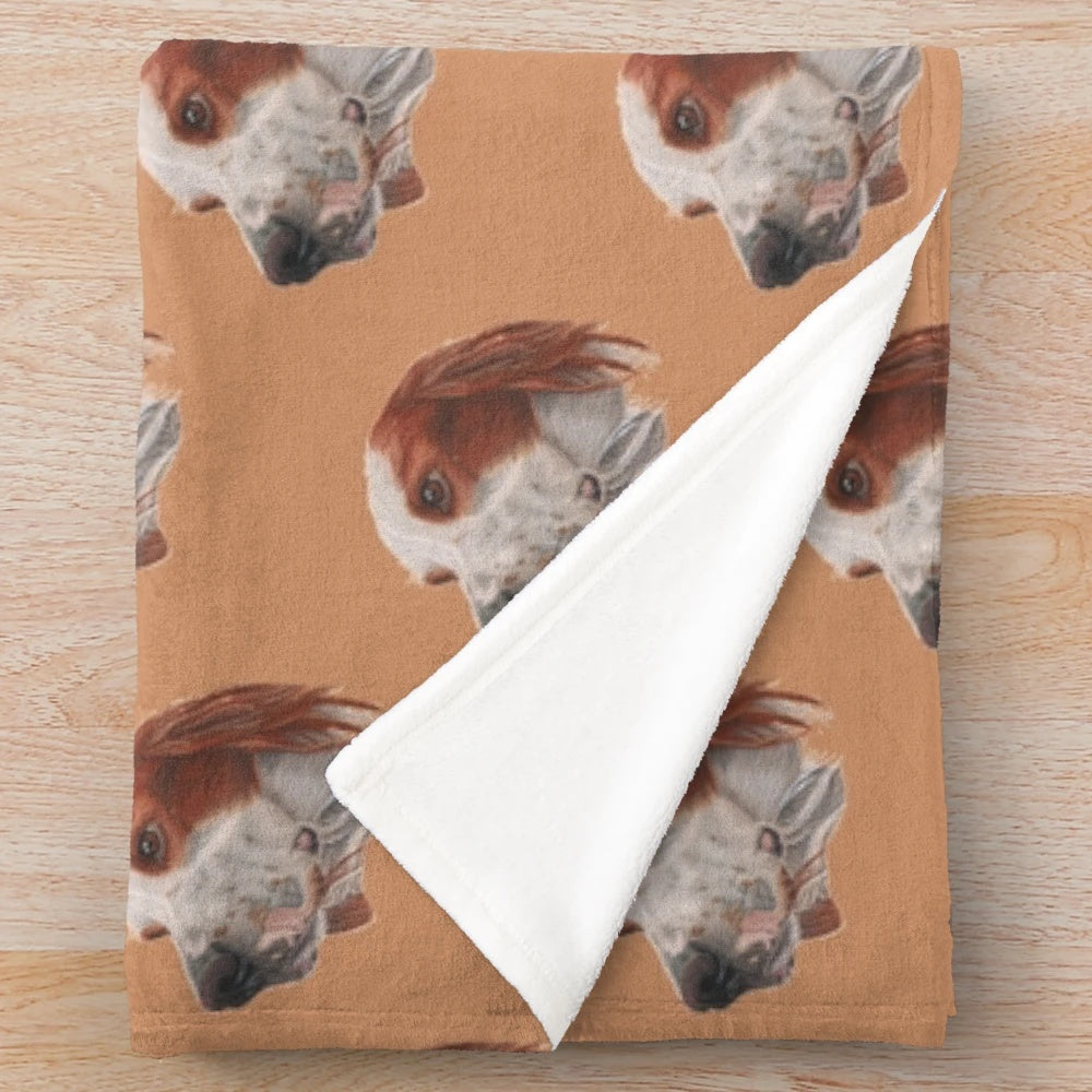Colorful illustration of a friendly Irish red and white setter dog on a plush blanket