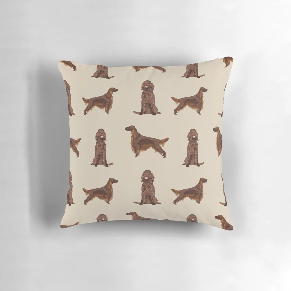 Stylish throw pillow featuring a colorful pattern of Irish Setter dogs