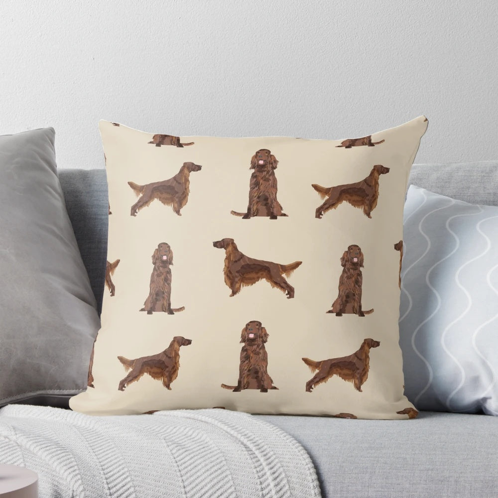 Stylish throw pillow featuring a colorful pattern of Irish Setter dogs