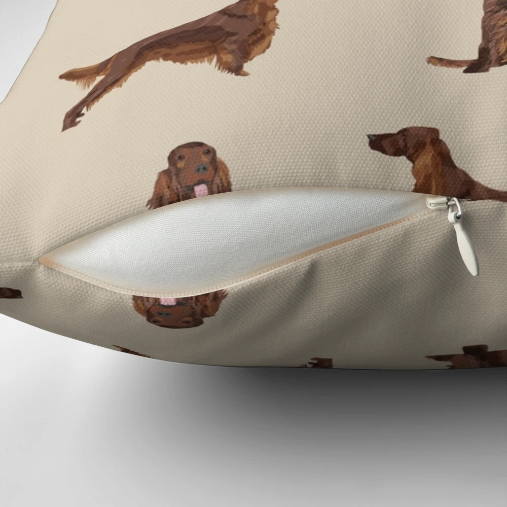 Stylish throw pillow featuring a colorful pattern of Irish Setter dogs