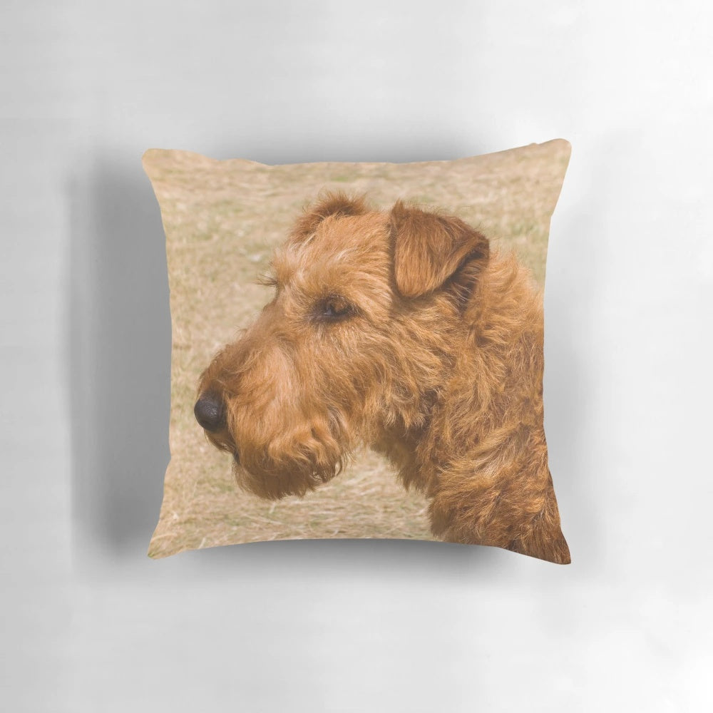 An Irish Terrier themed throw pillow with the dog's iconic red coat and friendly expression.