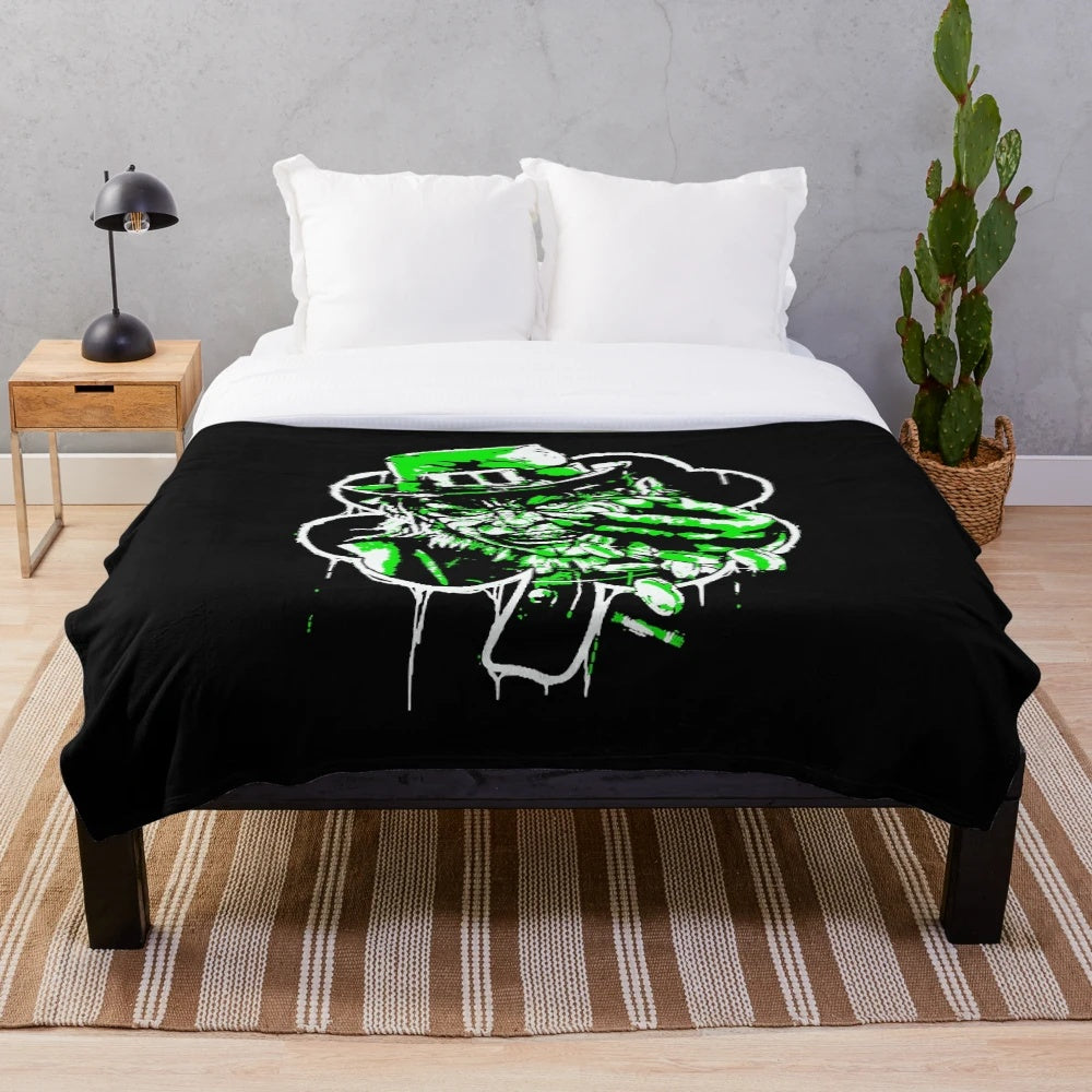 Cozy plush blanket featuring a leprechaun character from a popular horror movie