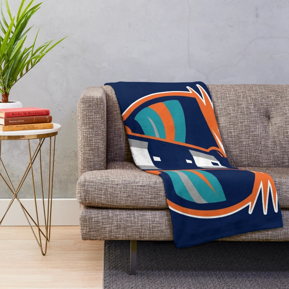 Islander-themed plush blanket with retro hockey design