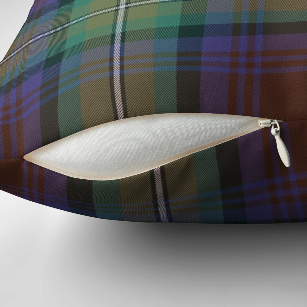 Soft, plaid pillow in shades of purple, green, and brown featuring the iconic Isle of Skye tartan pattern.