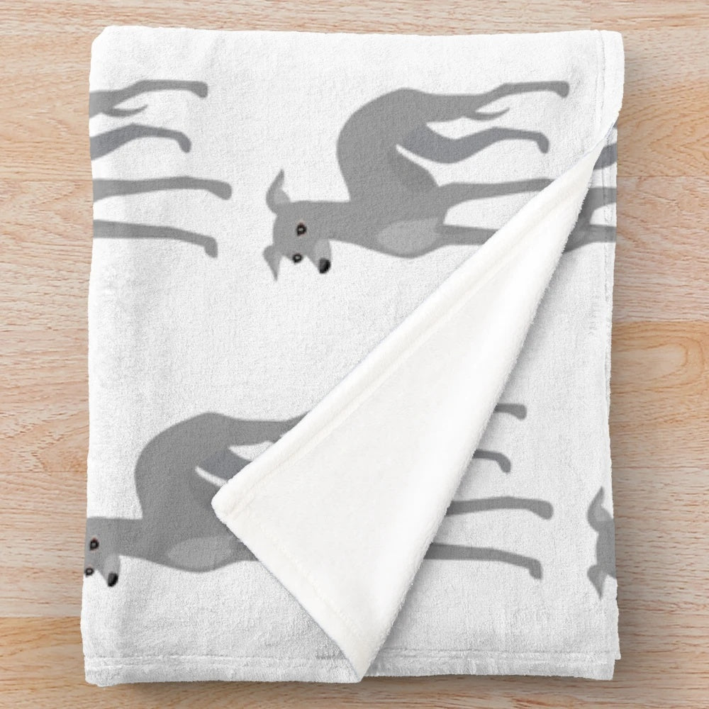Italian Greyhound or Whippet dog on a plush grey blanket