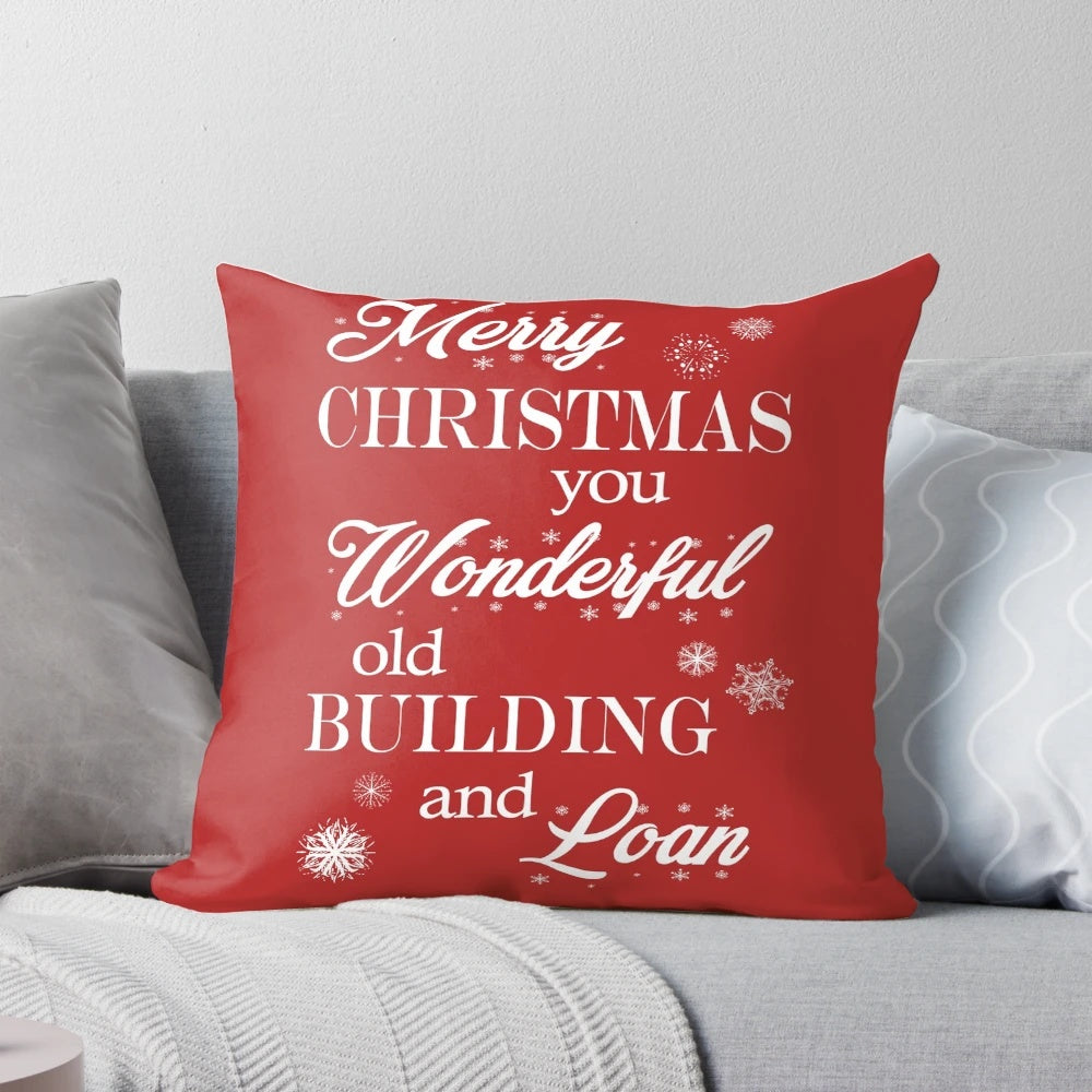 Cozy 'It's a Wonderful Life' Building and Loan Christmas Movie Pillow featuring iconic scenes and characters