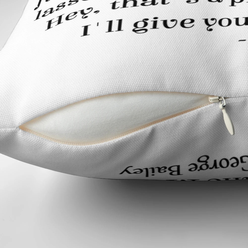 A plush decorative pillow featuring a silhouette of George Bailey from the classic Christmas movie "It's a Wonderful Life" against a crescent moon.