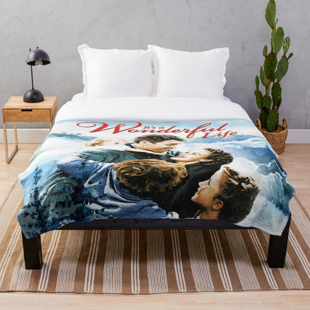 Plush blanket with a winter landscape scene inspired by the classic film It's a Wonderful Life
