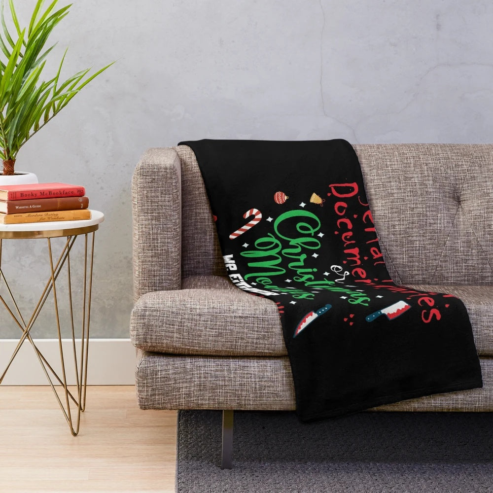 Cozy "It's Either Serial Killer Docs or Christmas Movies" plush blanket with a fun, lighthearted design for movie lovers