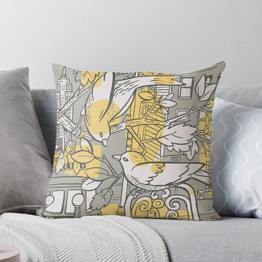 Plush bird-themed throw pillow with a city skyline design, perfect for home decor