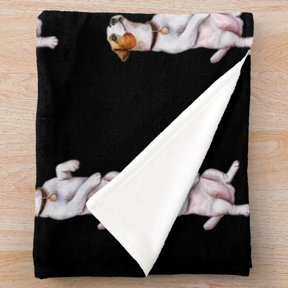 A soft and cuddly plush blanket featuring a playful Jack Russell Terrier design